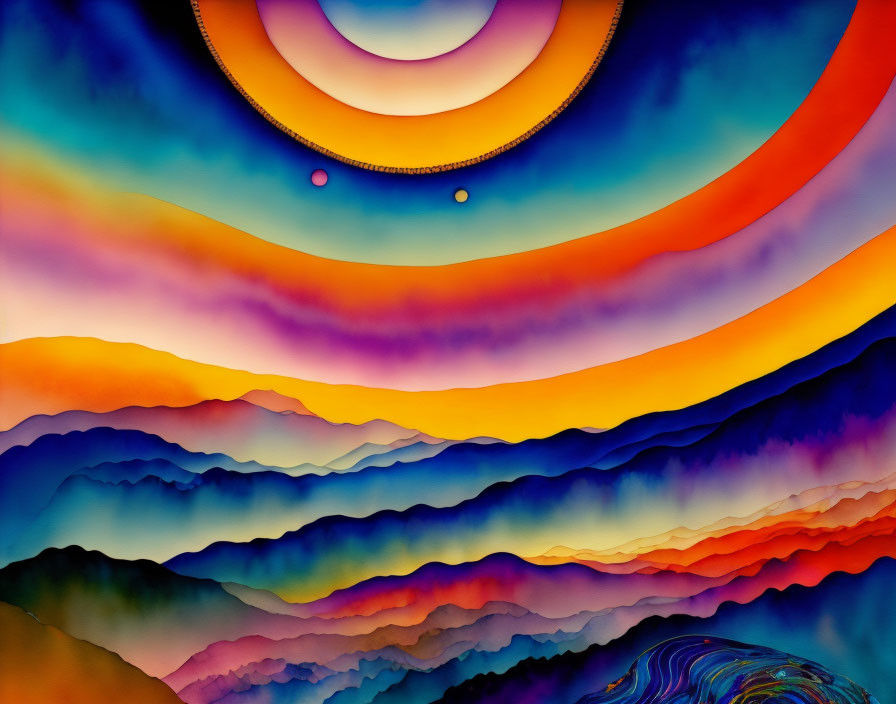 Colorful Landscape with Layered Hills and Floating Orbs in Stylized Setting