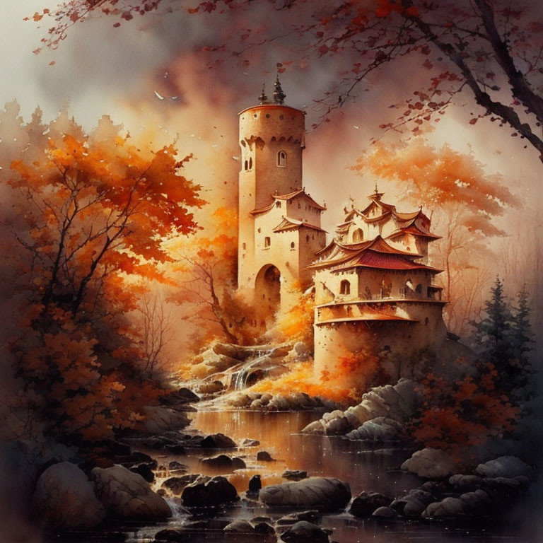 Enchanting castle in autumnal forest with river and tower