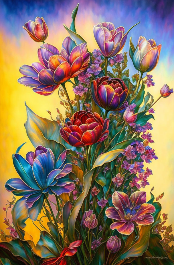 Colorful bouquet of tulips on warm background