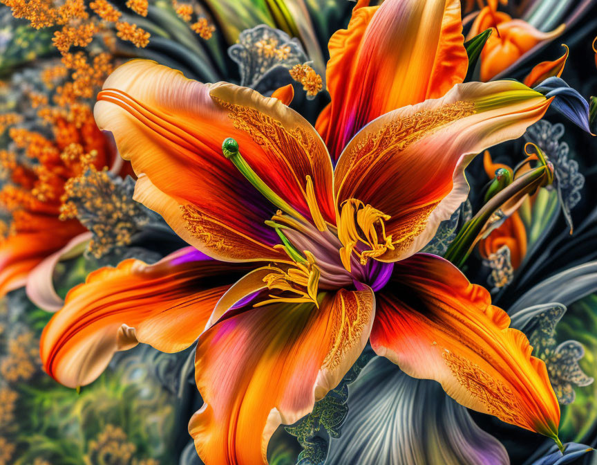 Colorful digital art featuring exotic lilies with intricate textures and vivid orange petals on abstract background