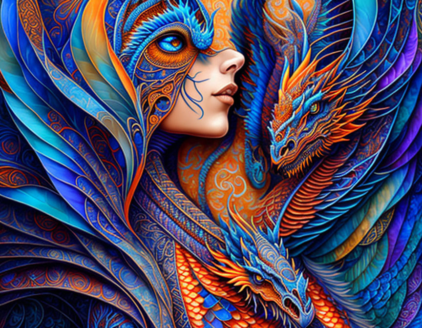 Colorful artwork: Woman with blue and orange patterns merging with phoenix feathers