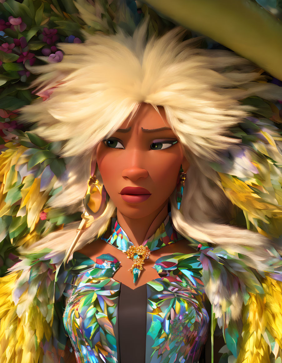 White fluffy-haired animated character with colorful feathers and gemstone necklace looking concerned