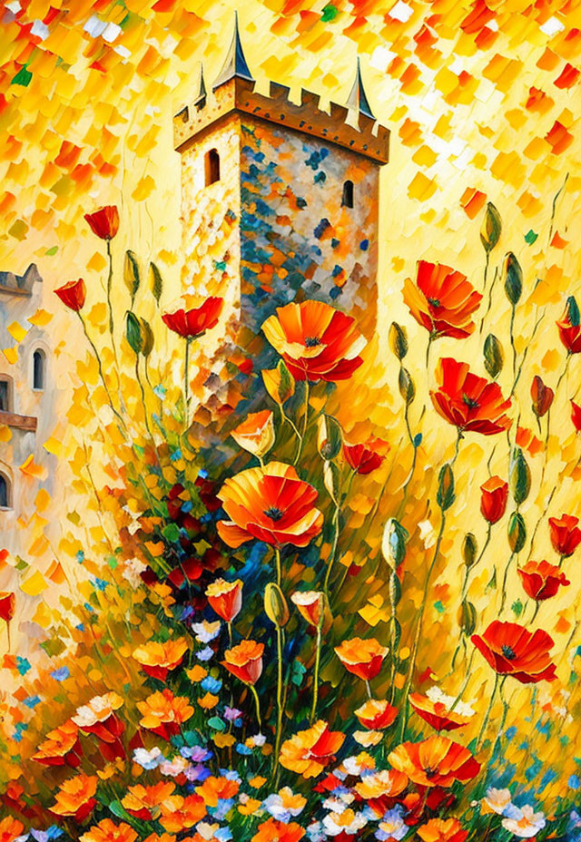 Medieval tower surrounded by red poppies and flowers in vibrant painting