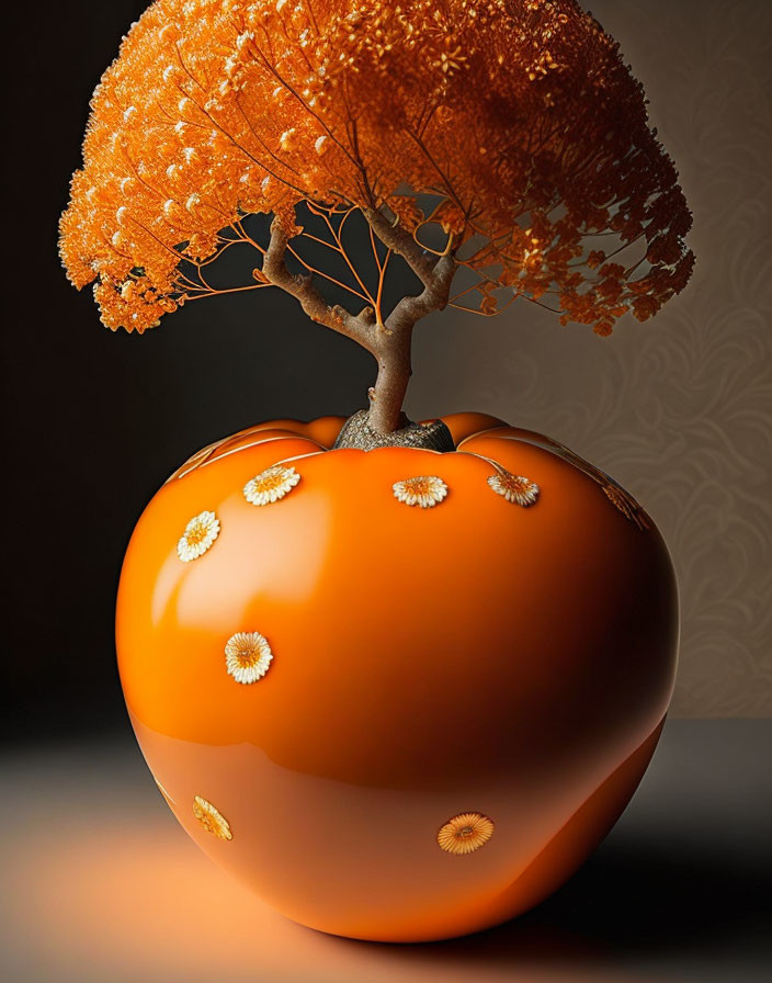 Orange Tomato Sculpture with White Flowers and Autumn Tree