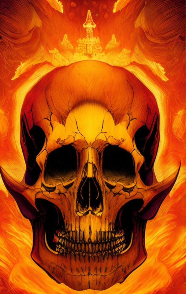 Skull surrounded by fiery orange and yellow hues