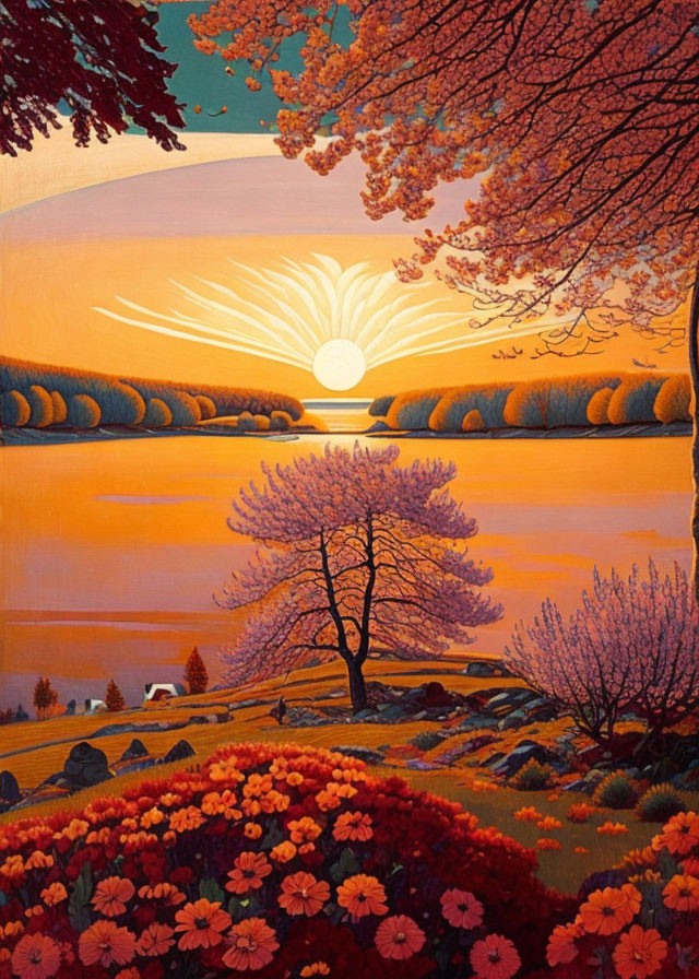 Scenic sunset painting with orange and pink hues over river and flowering landscape