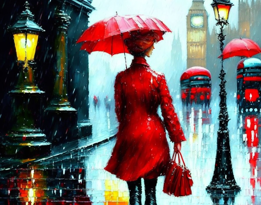 Woman in red coat with umbrella on rainy street with city lights and clock tower.