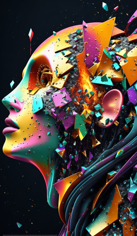 Colorful Digital Artwork: Woman's Profile with Fragmented Pieces