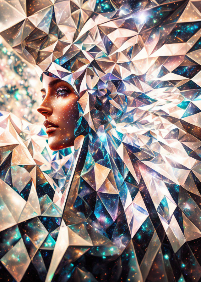 Woman's face merging with geometric shapes in cosmic digital artwork