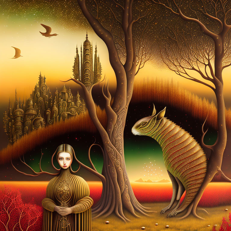 Surreal artwork: woman in striped dress, chameleon, trees, castle, orange sky.