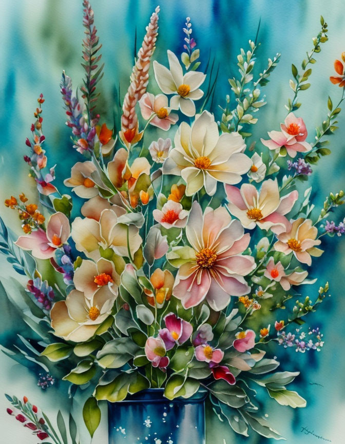 Colorful Watercolor Painting of Flowers in Glass Vase