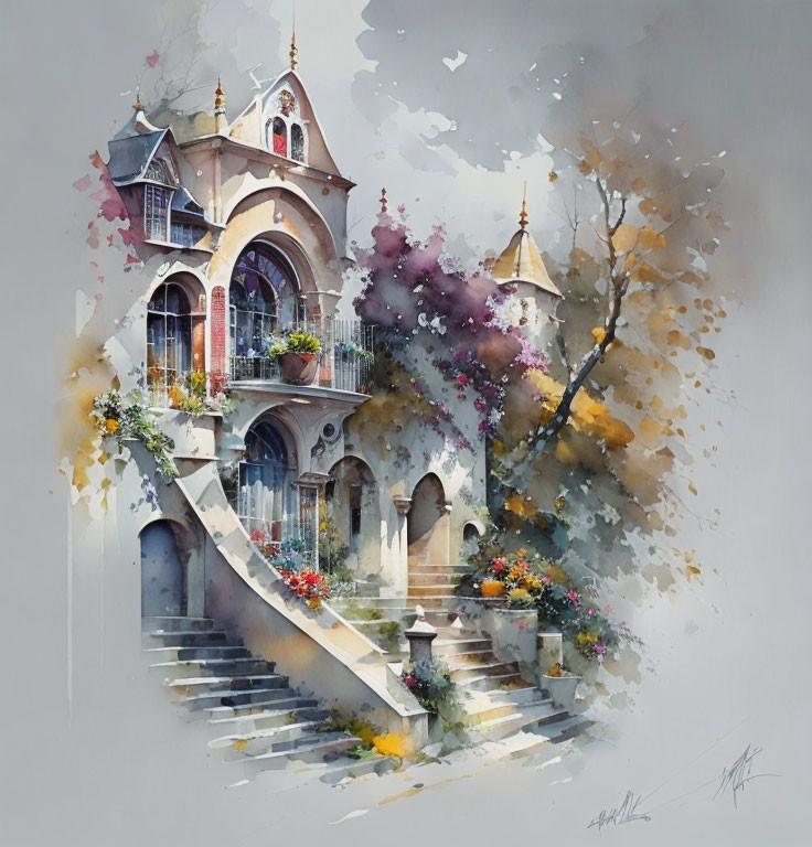 Ethereal watercolor painting of charming Victorian-style house