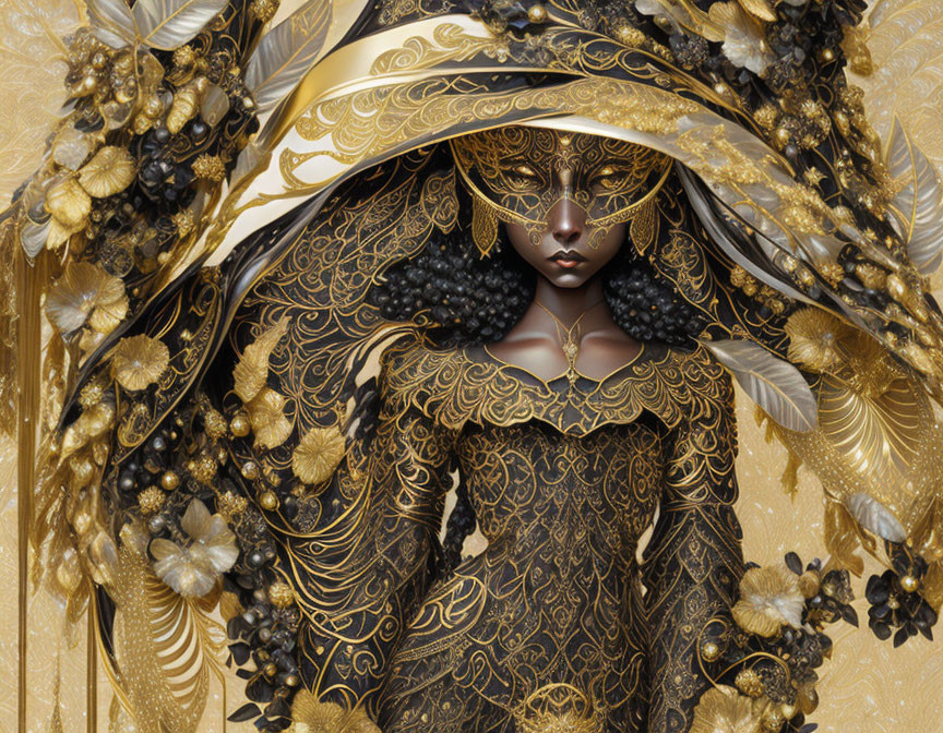 Intricate Digital Art: Person in Elaborate Golden Masquerade Mask