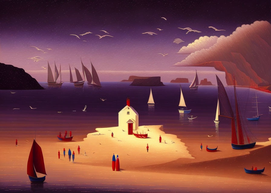 Tranquil coastal dusk with sailboats, beachgoers, and a white chapel under violet sky