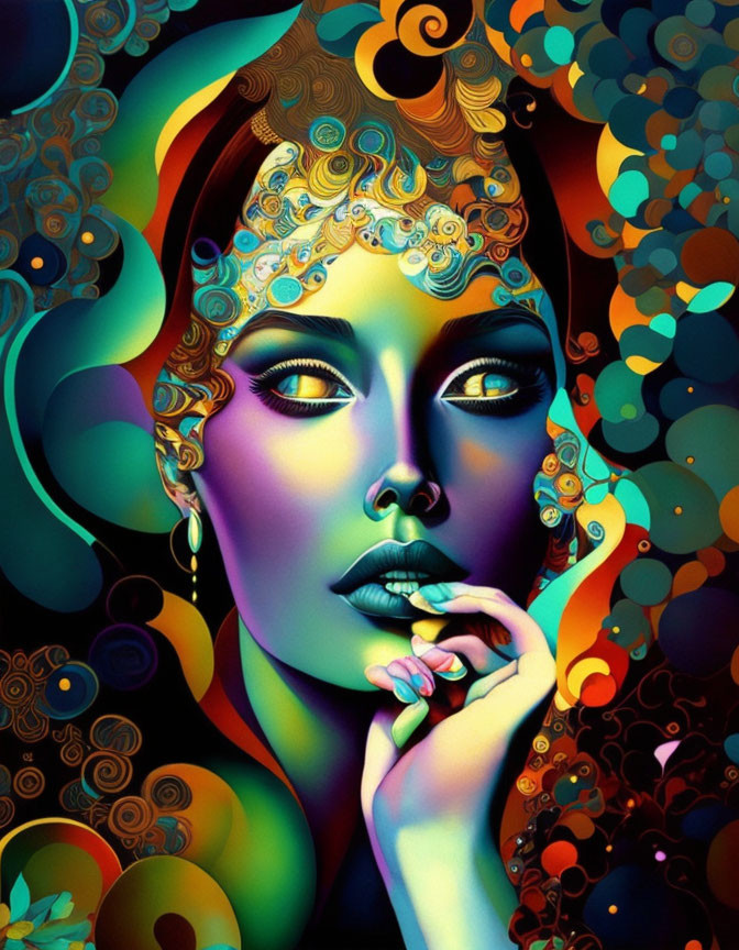 Colorful digital artwork: Woman with stylized features in swirling patterns