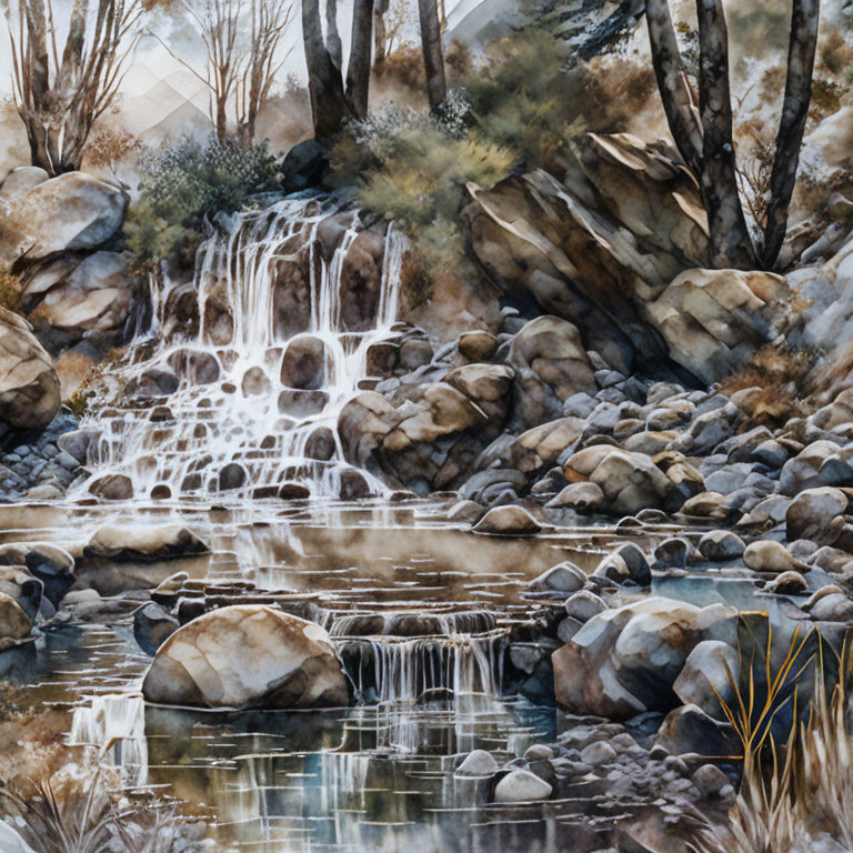 Tranquil Watercolor: Cascading Waterfall Scene