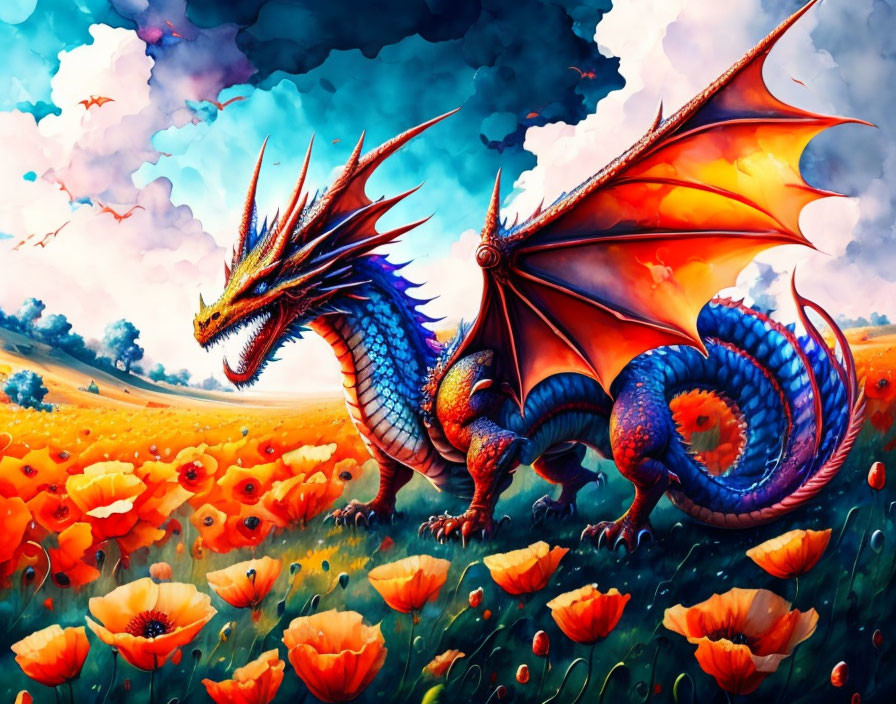 Colorful Illustration: Blue Dragon in Red Poppy Field & Cloudy Sky