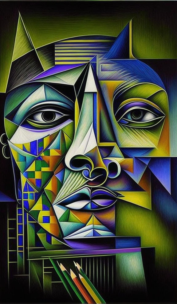 Colorful Cubist-Style Abstract Painting of Fragmented Face