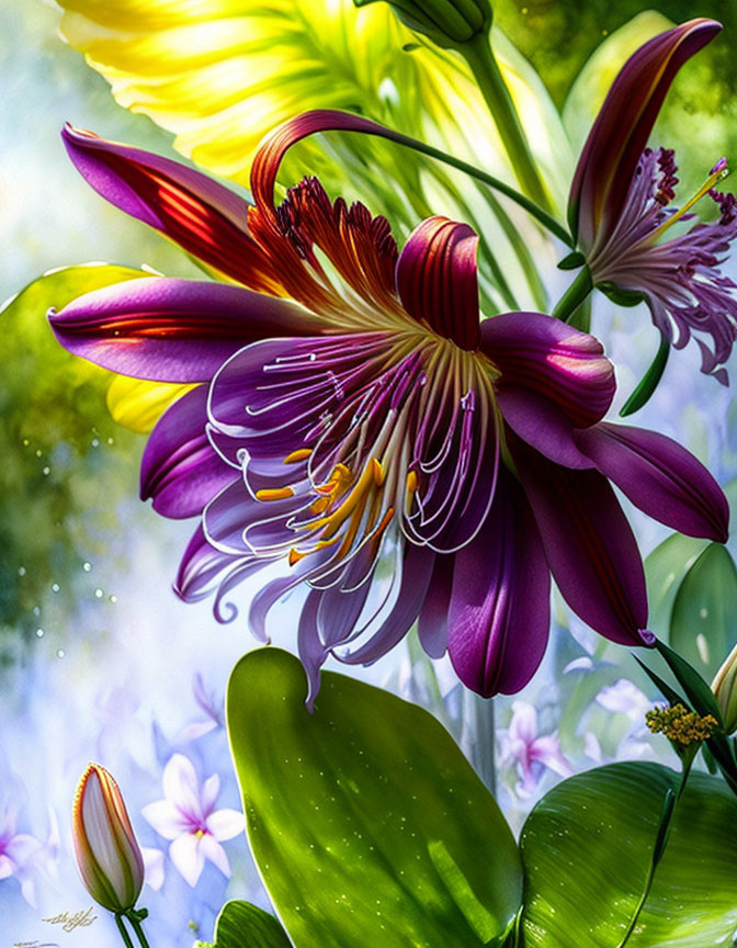 Close-up of vibrant blooming lilies with prominent stamens in soft sunlight and green bokeh