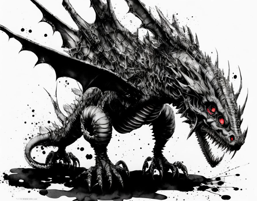 Monochrome illustration of fearsome dragon with sharp spikes and red eyes