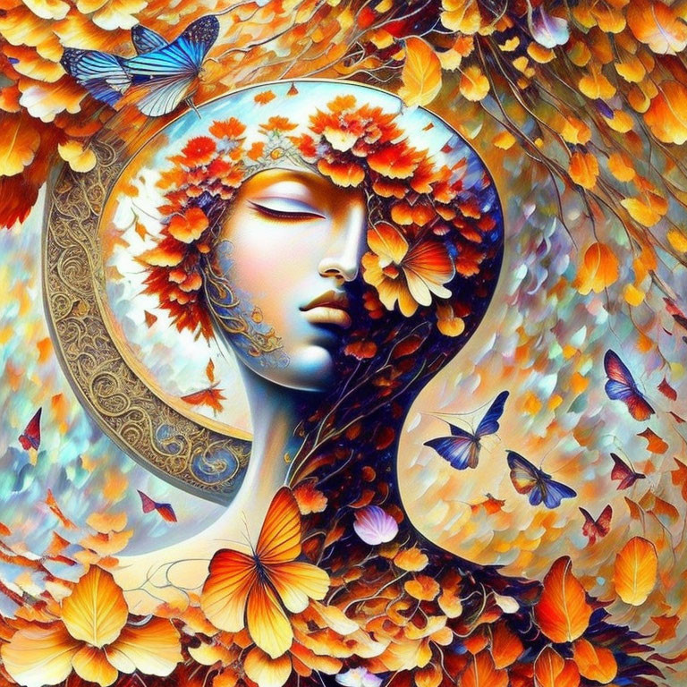 Colorful artwork: Stylized female figure with halo, surrounded by leaves and butterflies