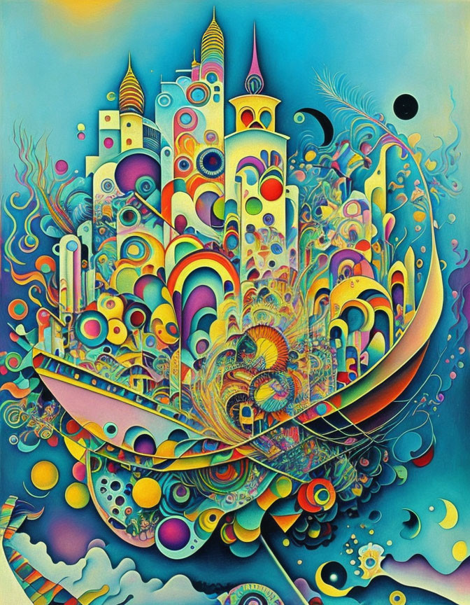 Colorful psychedelic ship painting with surreal architecture and abstract patterns