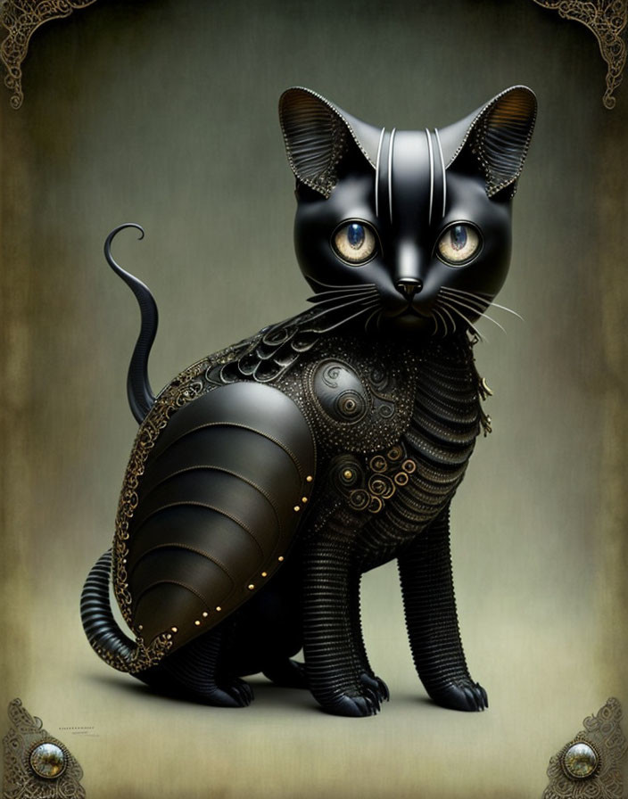 Black Steampunk Robotic Cat Illustration on Beige Background