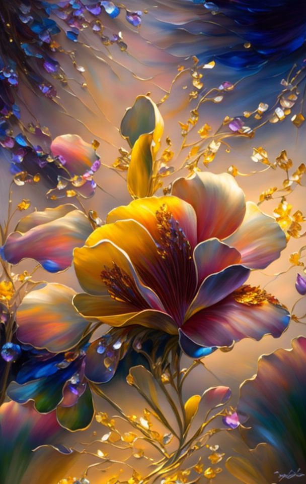 Fantastical flower digital painting with golden accents