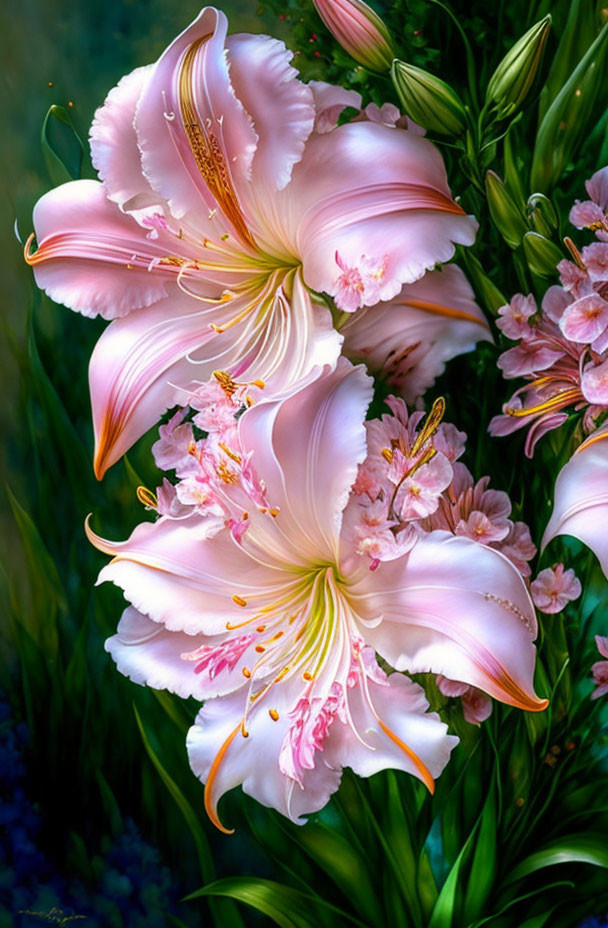 Detailed close-up of blooming pink lilies with prominent stamens in a verdant setting