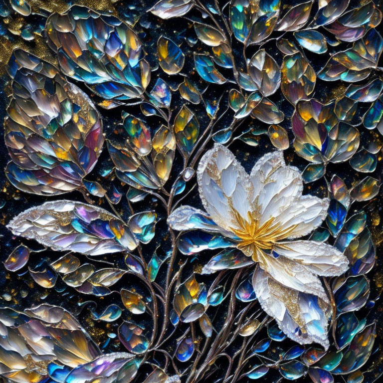 Iridescent flower sculpture with multicolored petals on dark blue background