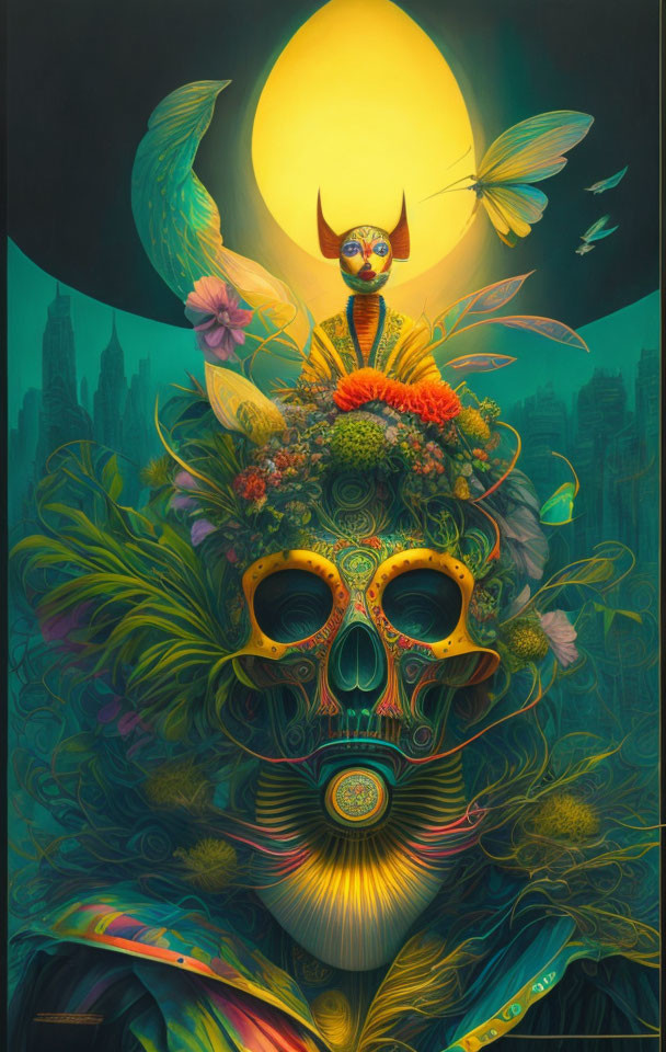 Colorful Psychedelic Skull Artwork with Bird, Horned Figure, Sun, and Cityscape