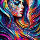 Colorful artwork: Woman with blue and orange patterns merging with phoenix feathers