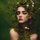 Young woman with floral hood in serene portrait surrounded by lush flowers