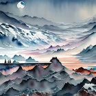 Tranquil watercolor landscape: layered mountains, pastel sunset, crescent moon, water reflections