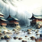 Asian-style structures in mystical forest with floating orbs and tranquil water.