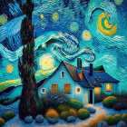 Surreal landscape with large tree, cottages, undulating fields, night sky.