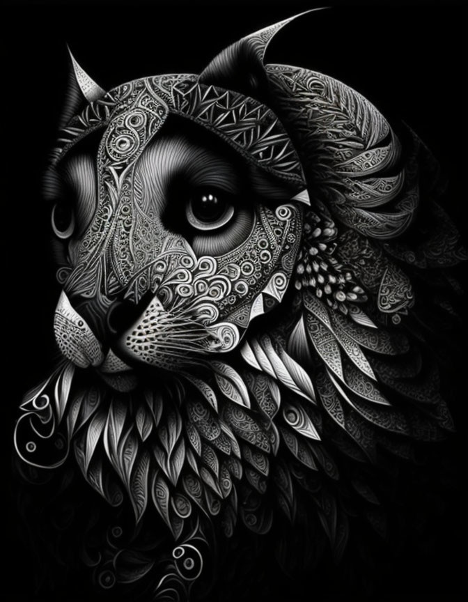 Monochromatic stylized feline creature with intricate, ornate details