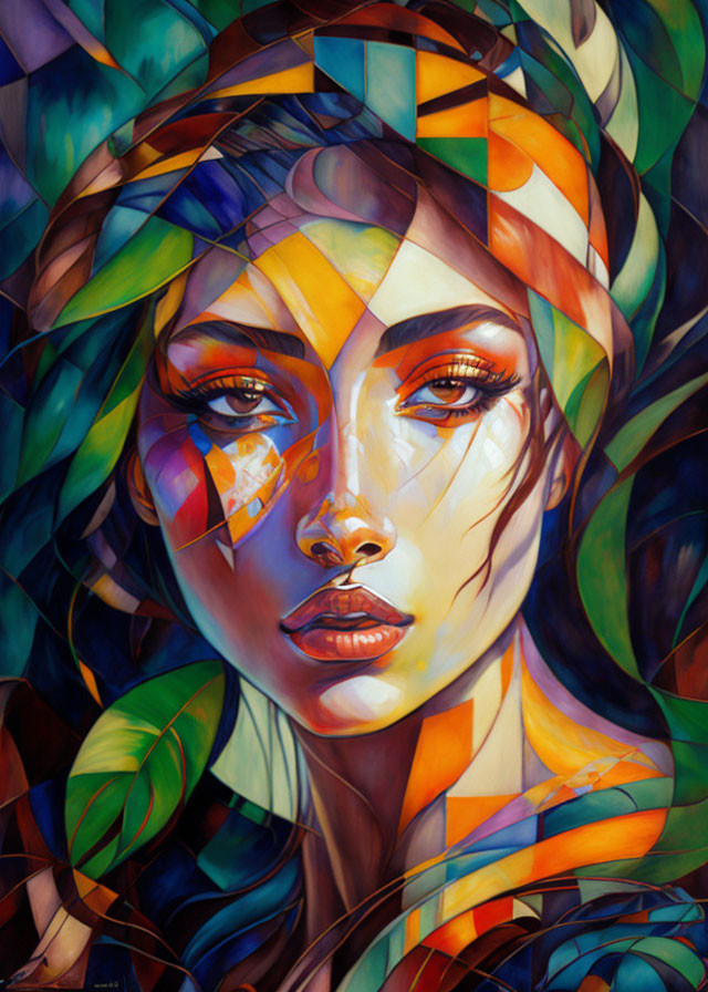 Vibrant portrait of a woman with geometric patterns in orange, blue, and green