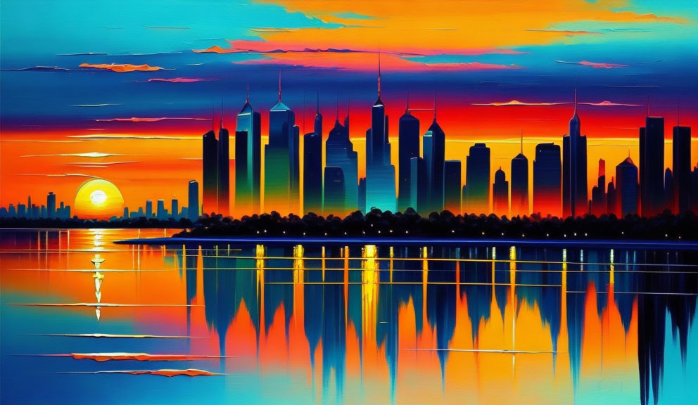 Vibrant city skyline painting at sunset with colorful reflections.