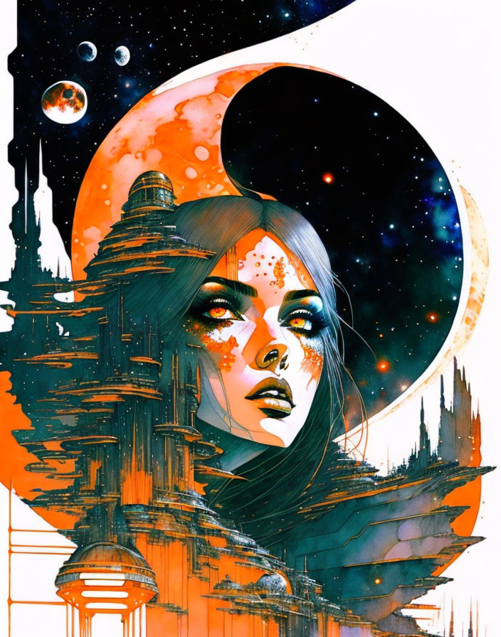 Woman's face merges with fantastical cityscape against cosmic backdrop