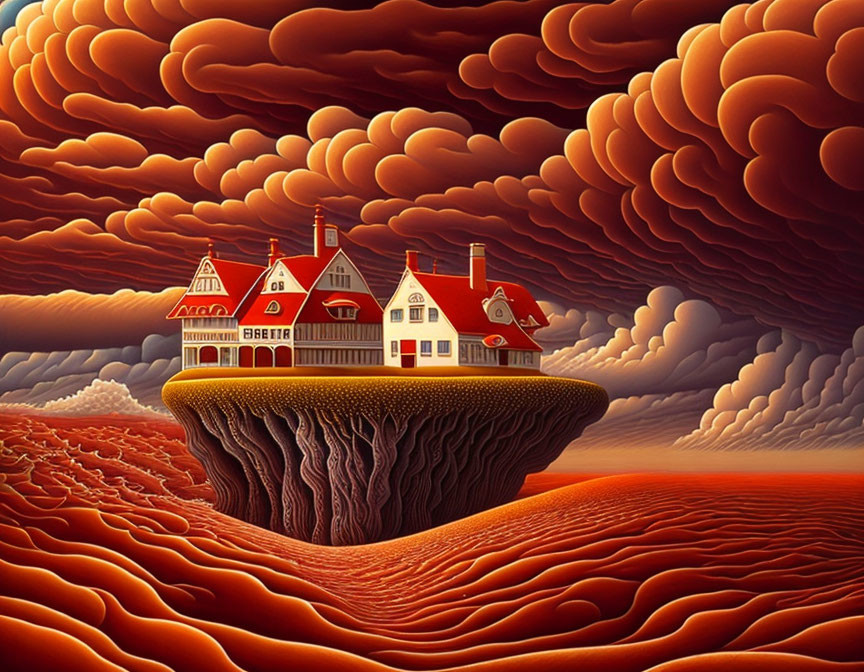 Victorian homes on floating island above red sea under swirling cloudscape