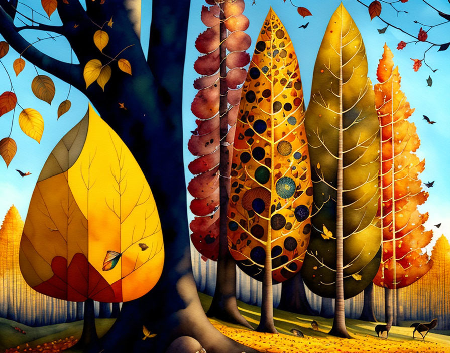 Colorful Autumn Forest Illustration with Animals and Falling Leaves