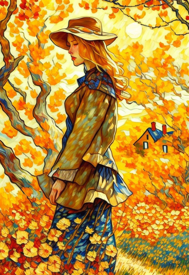 Woman in hat and layered garments surrounded by autumn foliage and small house - serene fall scene