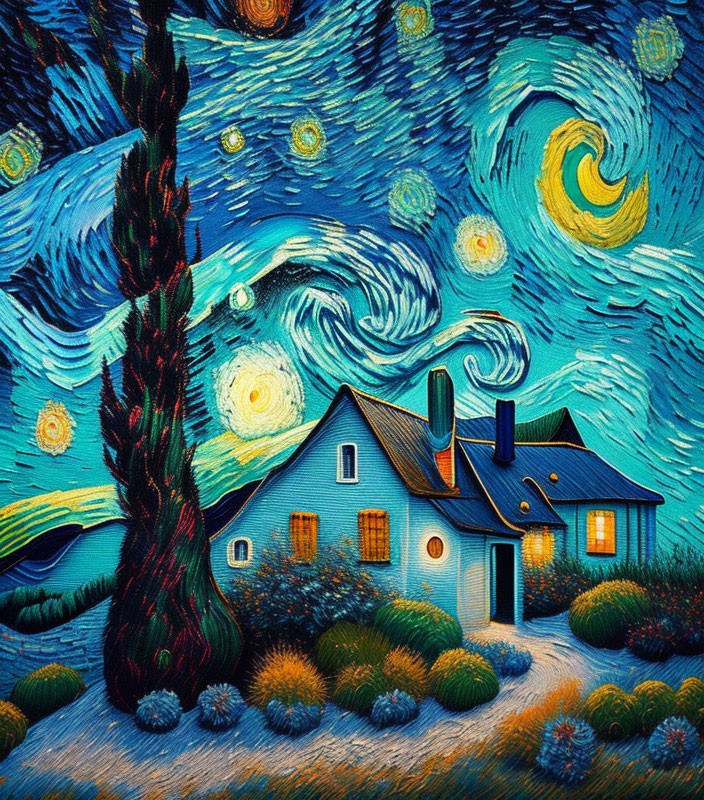 Interpretation of Starry Night with small house, cypress tree, and bright stars