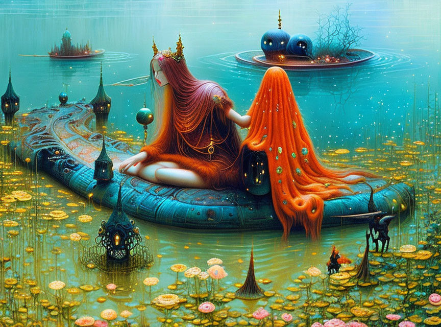 Surreal illustration of woman with red hair in fantasy water lily pond