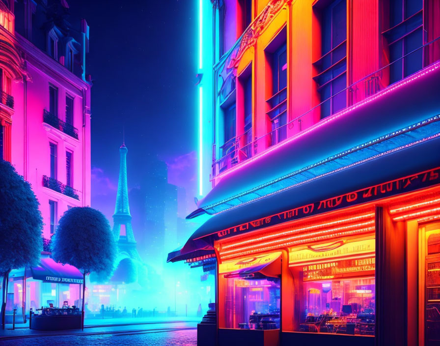 Futuristic neon-lit street with Eiffel Tower in glowing Paris scene