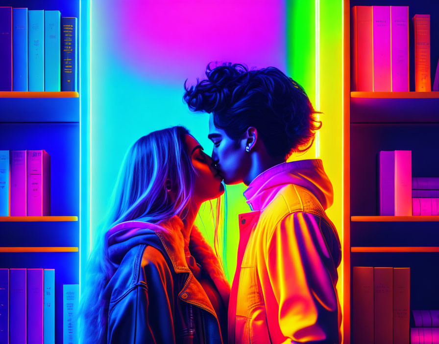 Colorful Neon-Lit Library Aisle Kiss