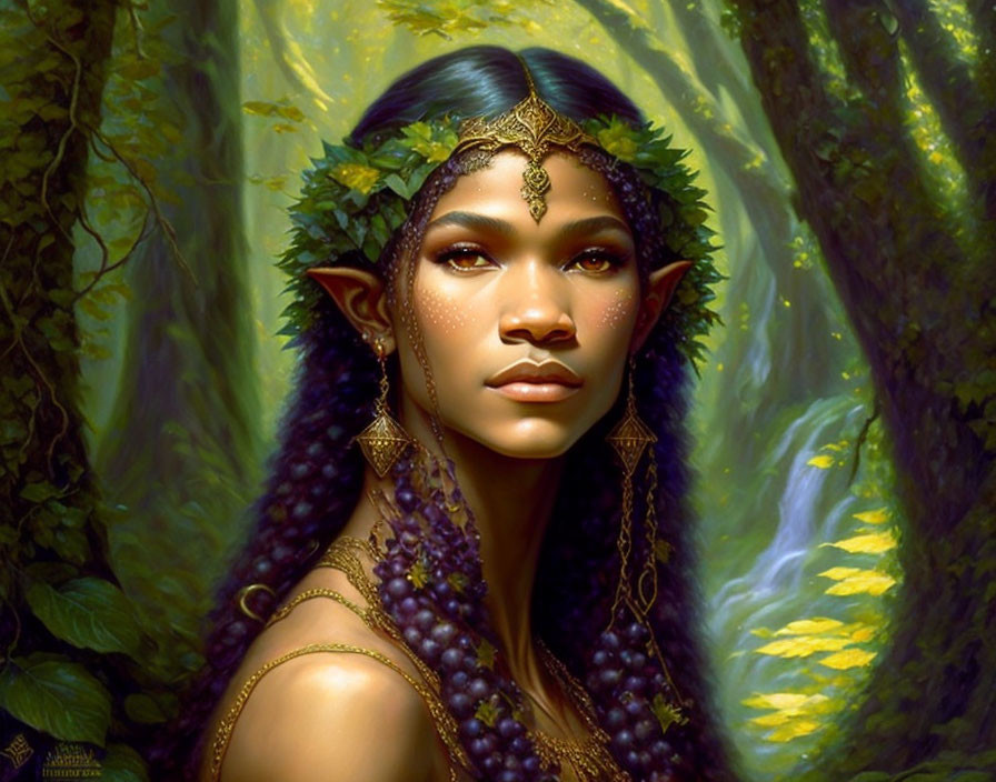 Fantasy portrait: Woman with pointed ears, leafy headdress, intricate jewelry, mystical forest.