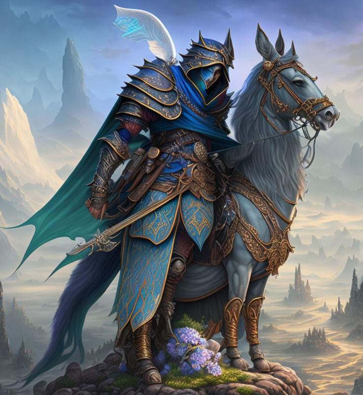 Armored knight on horseback in blue and gold against mountain backdrop