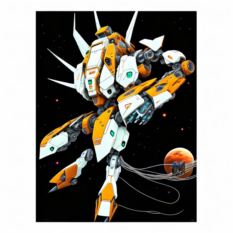 Detailed Orange and White Mecha Robot in Space with Planet and Stars